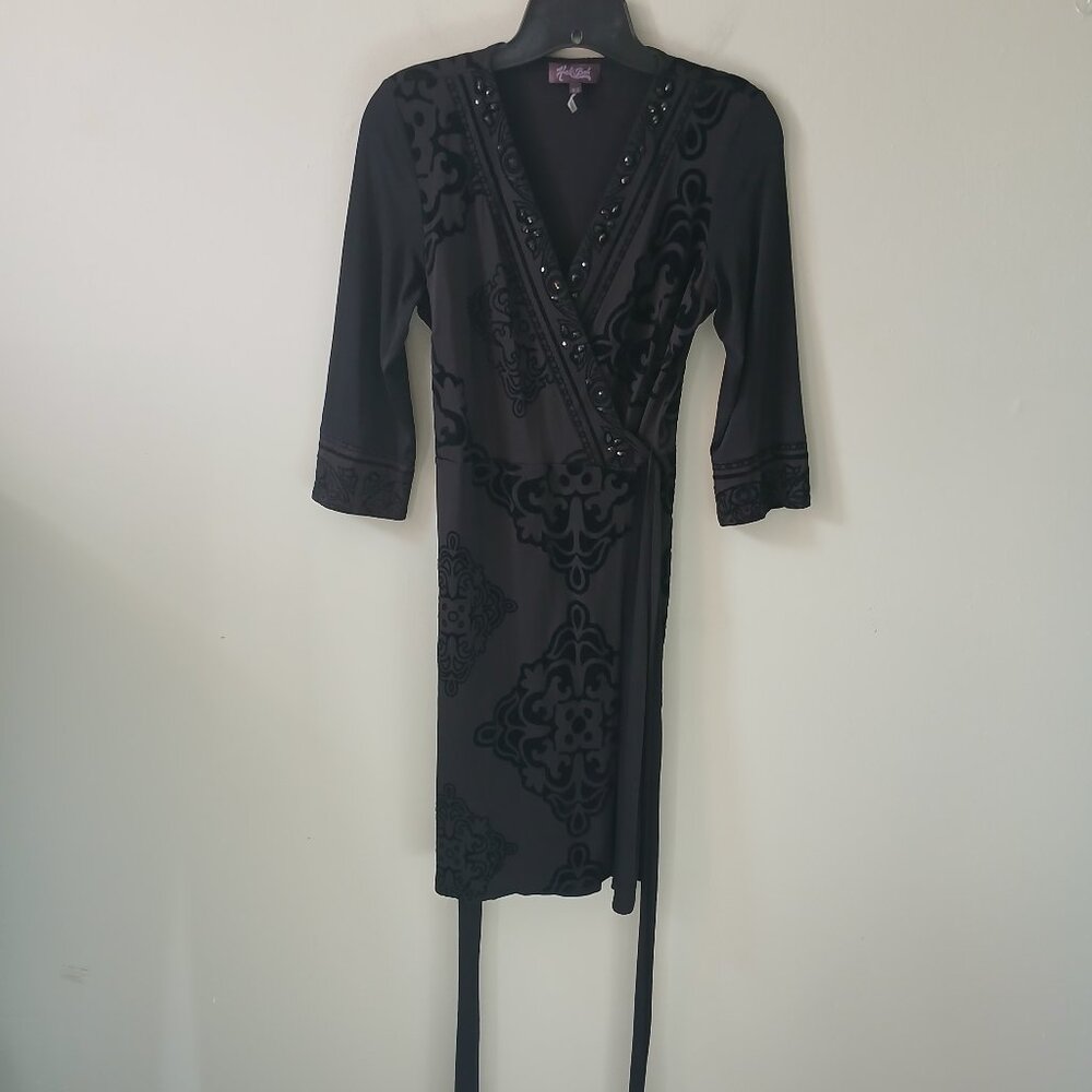 Hale Bob Women's Wrap Dress Black Jewel‎ V-Neck Stretch Long Sleeve Size XS